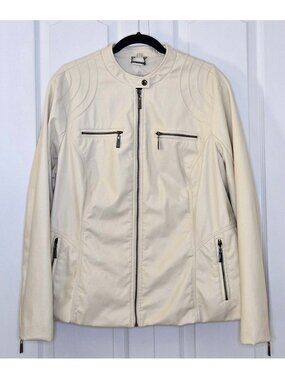 Jou Jou Cream Faux Leather Moto Jacket with Functional Deep Pockets | 2X